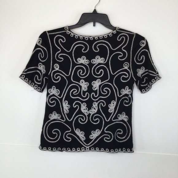 Objects D'Art Blouse Women Small Black White Embroidered Short Sleeve Swirl - Picture 4 of 5